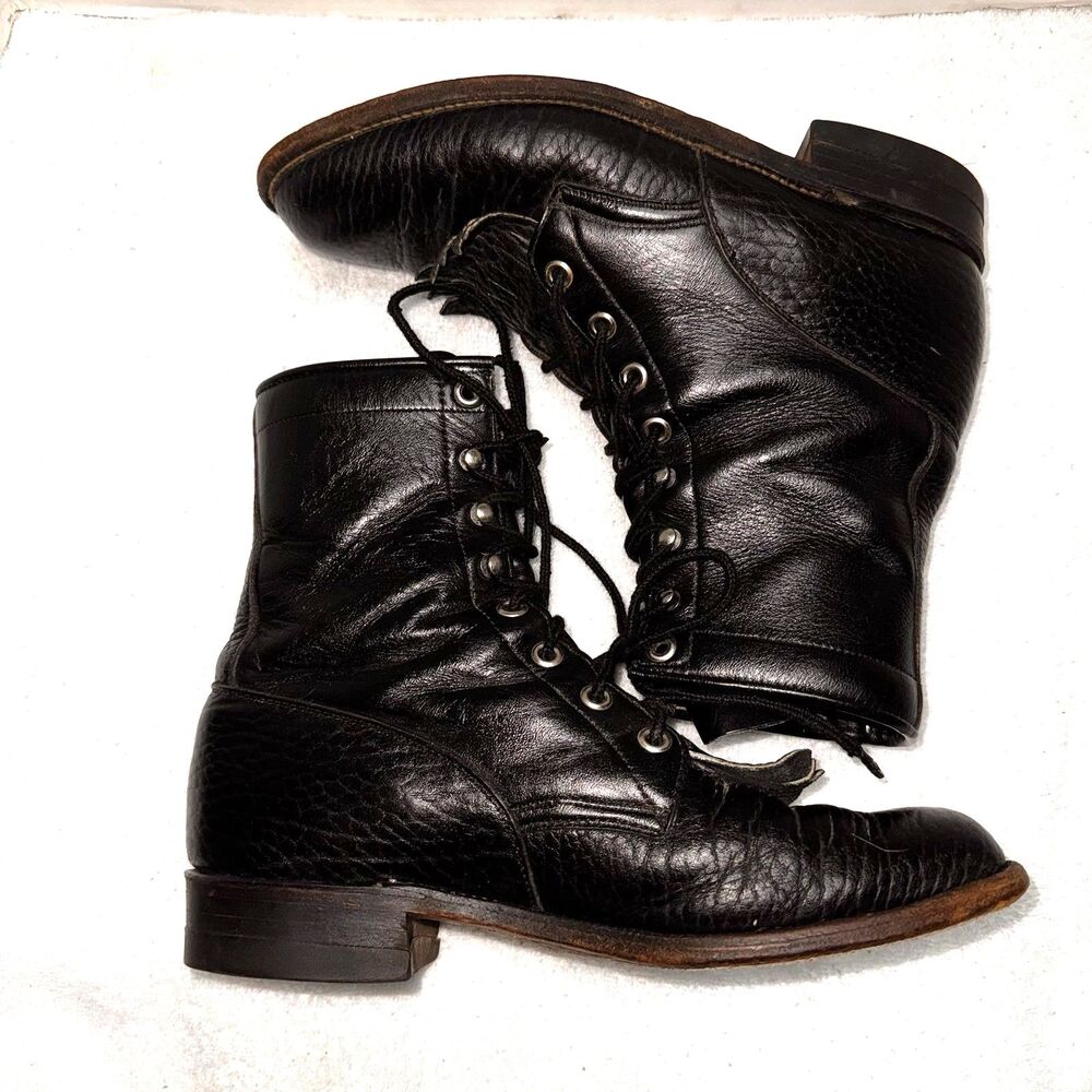 Justin Roper Lace Up Boots Women's 8 Youth 6.5 Kiltie Black Leather Western